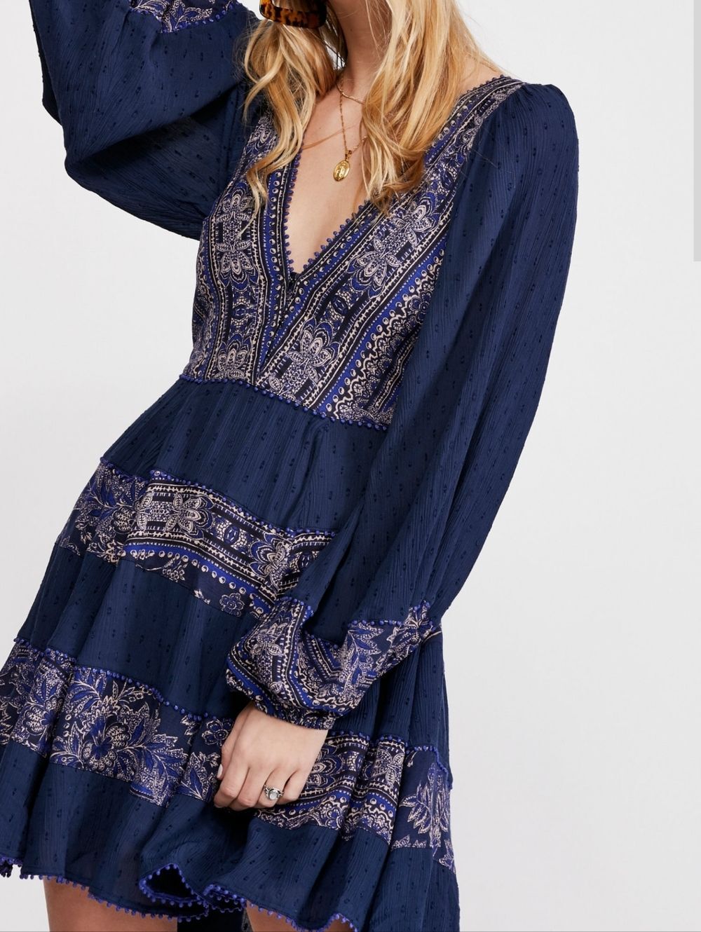 🍒FREE PEOPLE🍒 Navy Boho V-Neck Tiered Dress